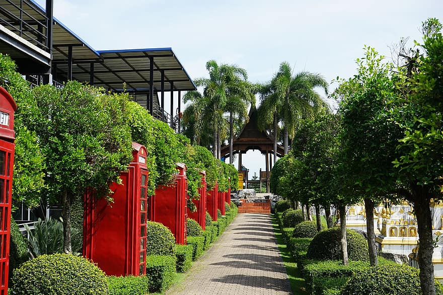 la carretera, camino, arboles, cabina telefónica, jardín, Pattaya, Pueblo Nongnok, turismo