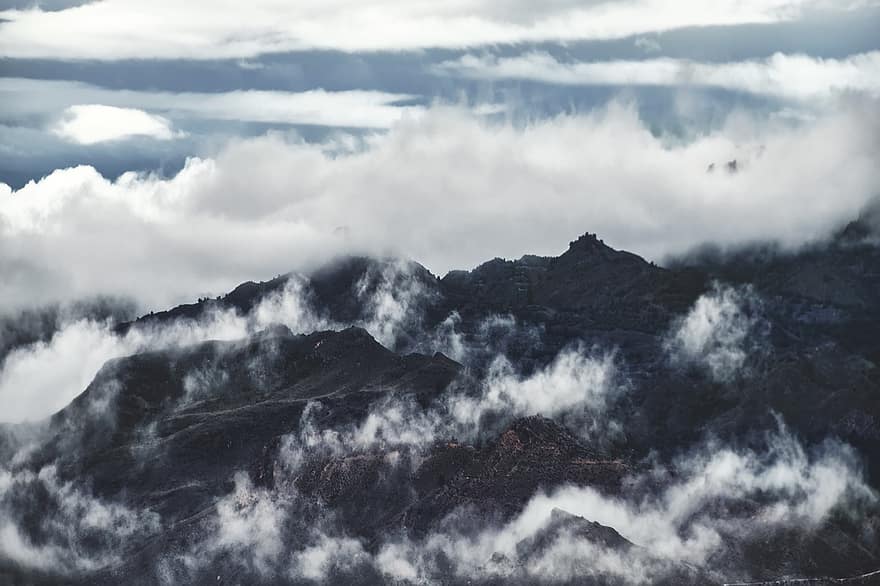 panorama, montanhas, névoa, céu, nuvens, montanhoso, cordilheiras, nebuloso, paisagem montanhosa, neblina
