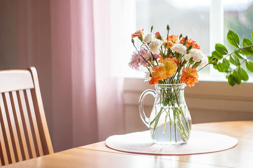 virágok, asztal, váza, csokor, ablak, szegfű, virág, otthoni szoba, fedett, faipari, dekoráció