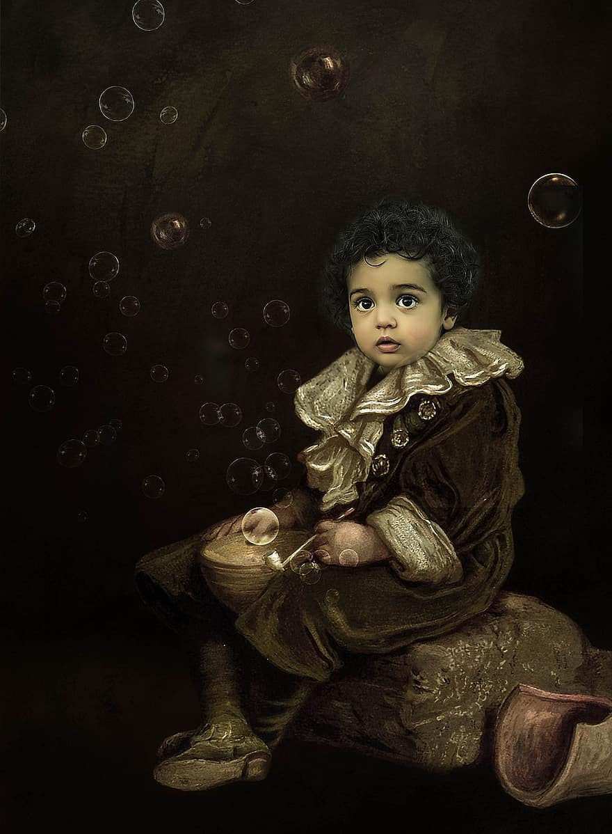 dítě, portrét, malování, malá holka, mýdlové bubliny, antický, starý obraz, vinobraní