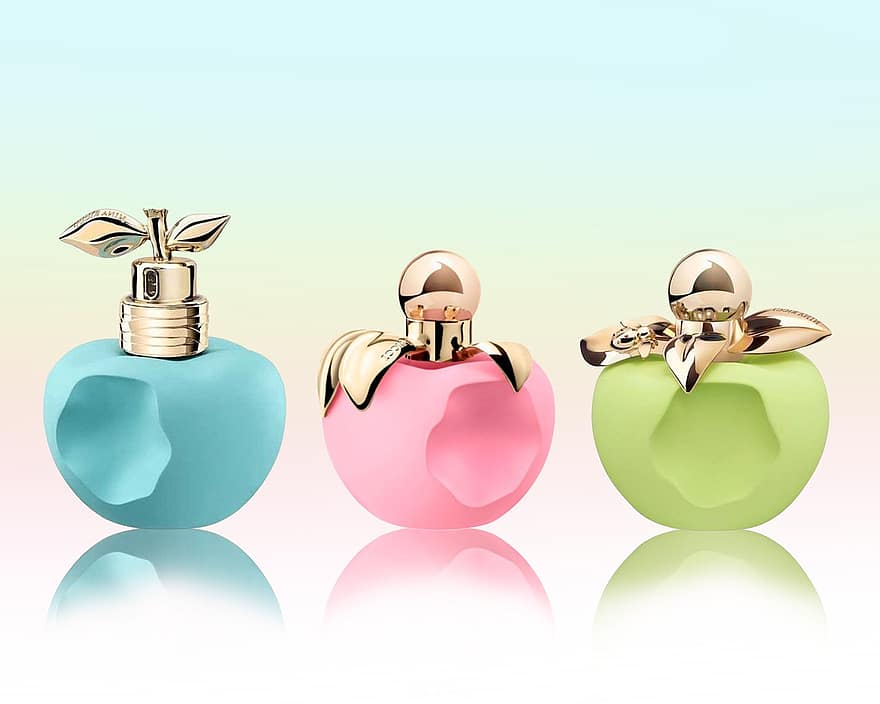 Kvepalai, Aromatinis buteliukas, aromatas, butelis, stiklas, kvapas, kosmetika, aromatiniai, mėlyna, žalias, rožinis