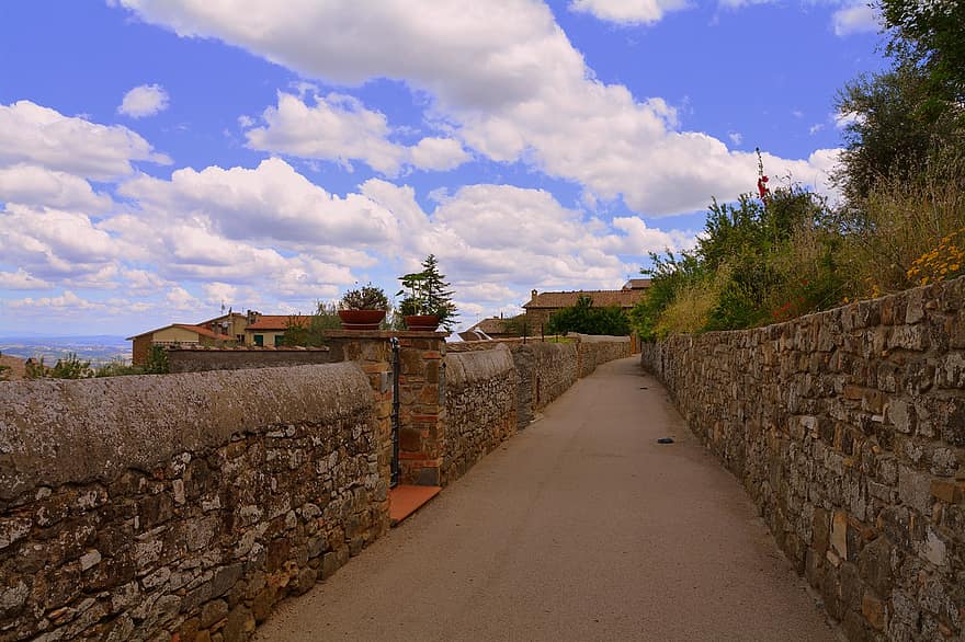 Alley, Borgo, Ancient, Montalcino, Sky, Clouds, Tuscany, Italy, Village, Houses