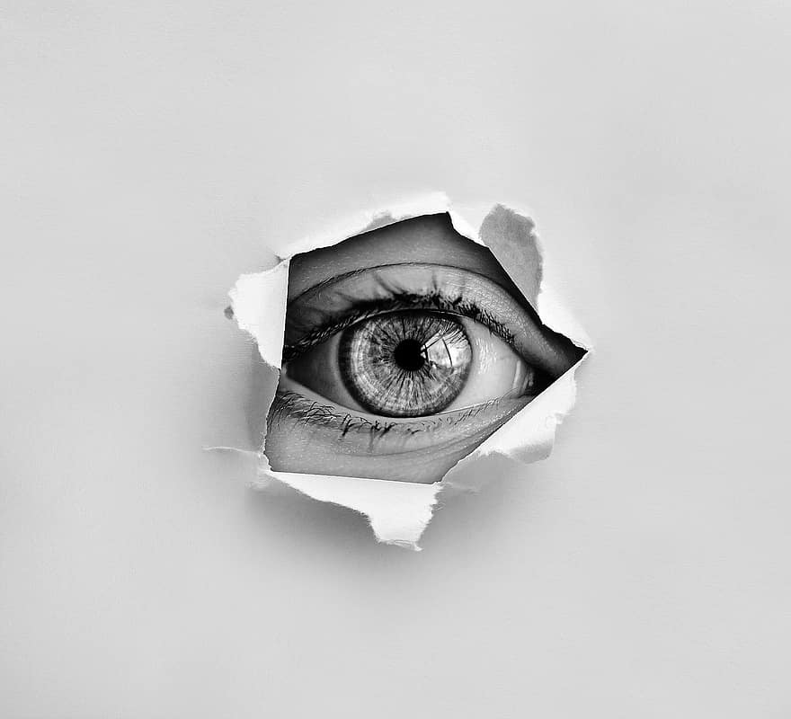 眼、見て、スパイ、穴、紙、引き裂かれた、瞳、虹彩、見る