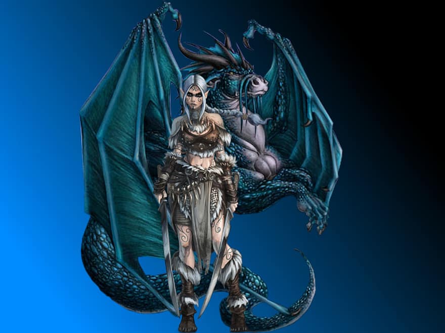 Background, Blue, Winged Creature, Warrior, Fantasy, Female, Character, Digital Art