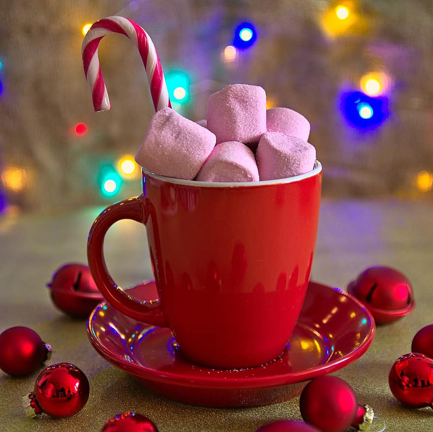 Marshmallows, Candy Cane, Mug, Ornaments, Christmas, Christmas Bauble, Advent, Decoration, Christmas Decoration, Christmas Ornaments