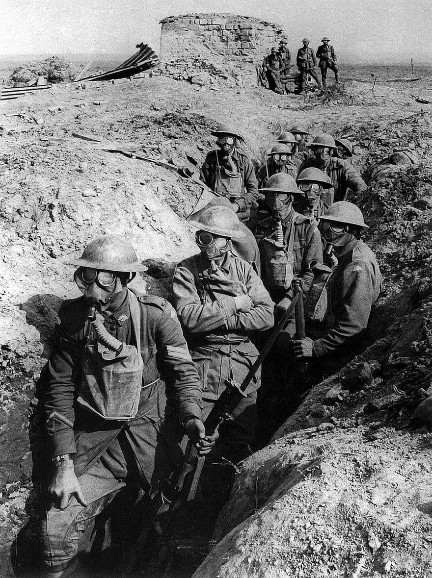 kājnieki, tranšeju, zemes spēki, fusstruppe, karaspēks, austrāliešu, karš, priekšā, 1917, gāzes maskas