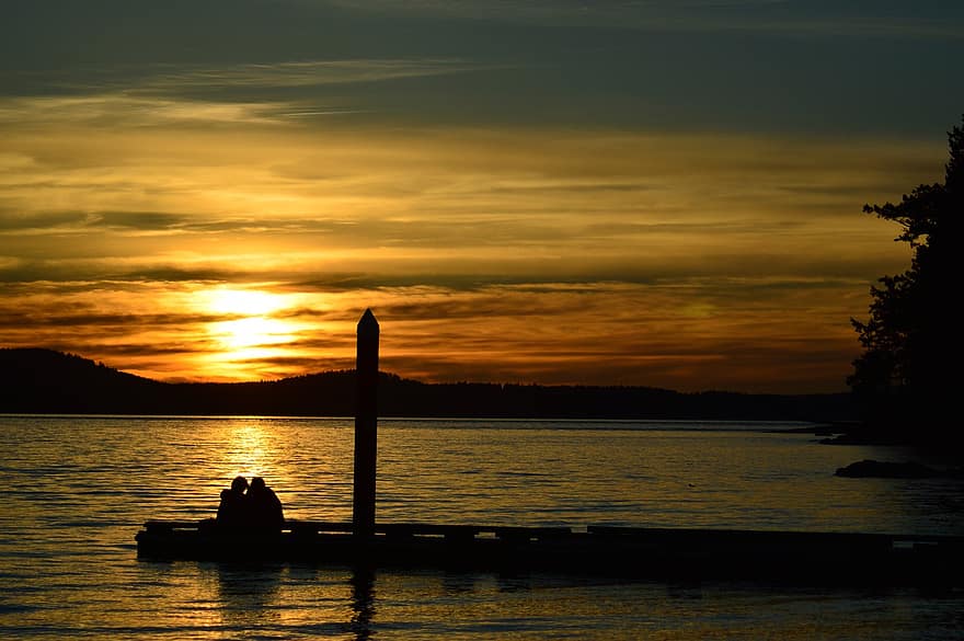 silhouette, le coucher du soleil, paysage aquatique, Lac, eau, Dock, couple, romantique, Île Fidalgo, Anacortes