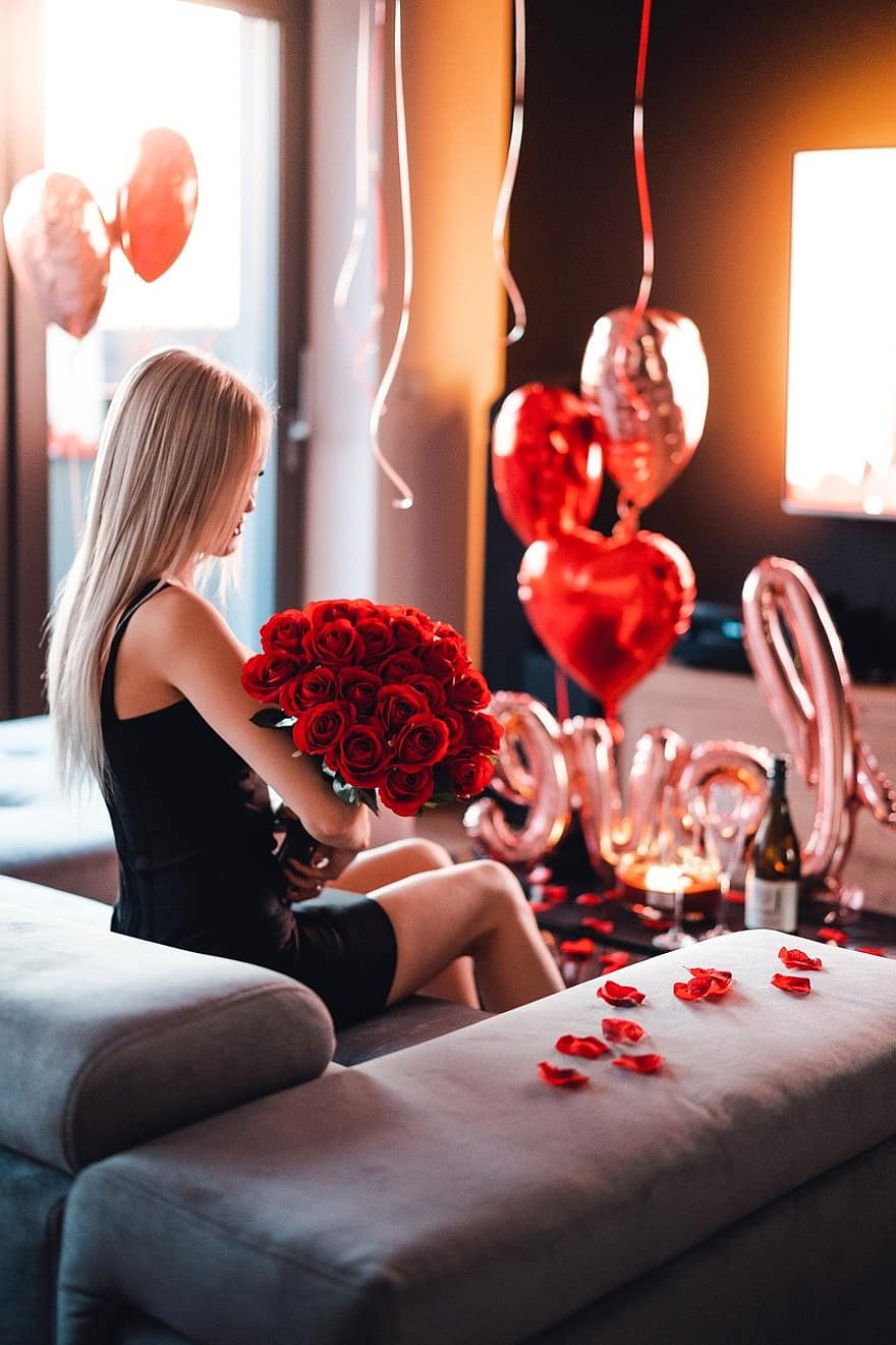 цветы, розы, букет, дары, День святого Валентина, с днем ​​Святого Валентина, любить, женщины, в помещении, для взрослых, праздник