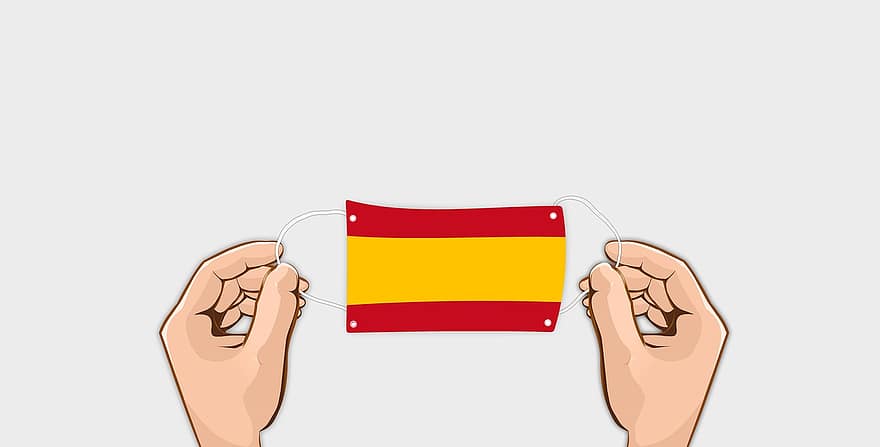 Gesichtsmaske, Flagge, Hände, Spanien, Virus, Pandemie, Covid-19