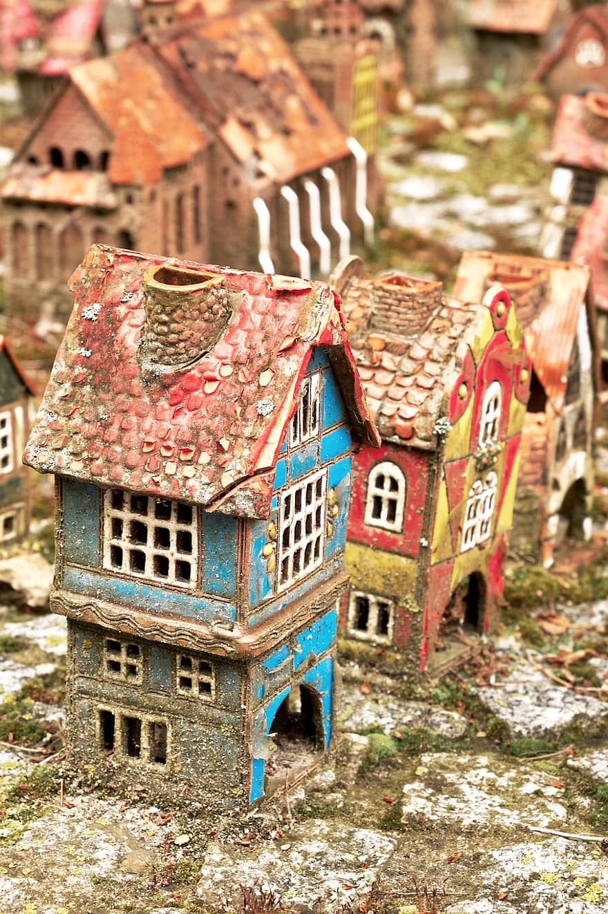 ciutat, carrer, casa, construcció, joguina, model, paret, finestra, sostre, decoració, color