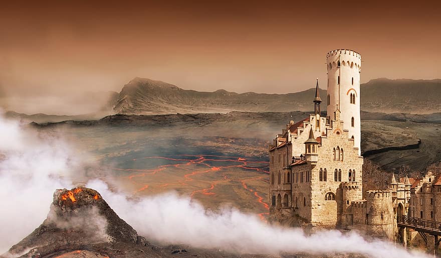 fantasia, panorama, digital, composto, vulcão, castelo, lava, Fantasia marrom, Brown Digital