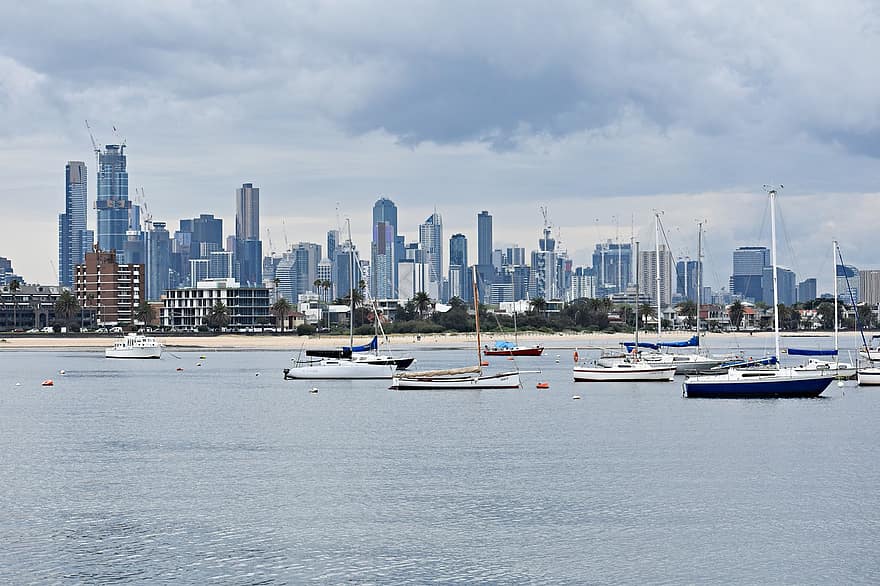 l'horizon, Melbourne, St kilda, architecture, Australie, victoria, paysage urbain, immeubles, Voyage, port