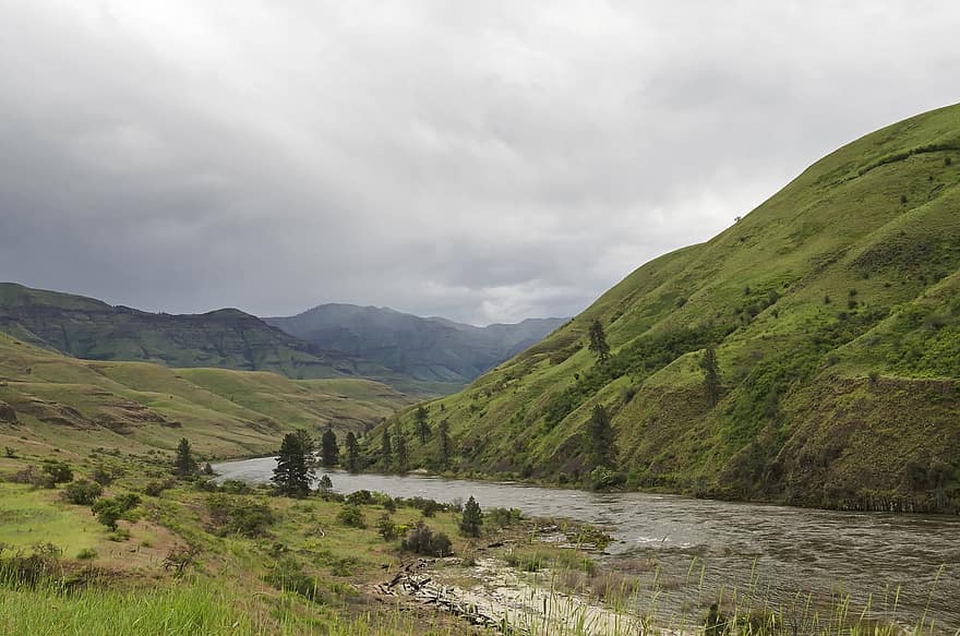 río, montañas, campo, corriente, cordillera, orilla del río, naturaleza, rio de salmón, Río sin retorno, Idaho, Estados Unidos