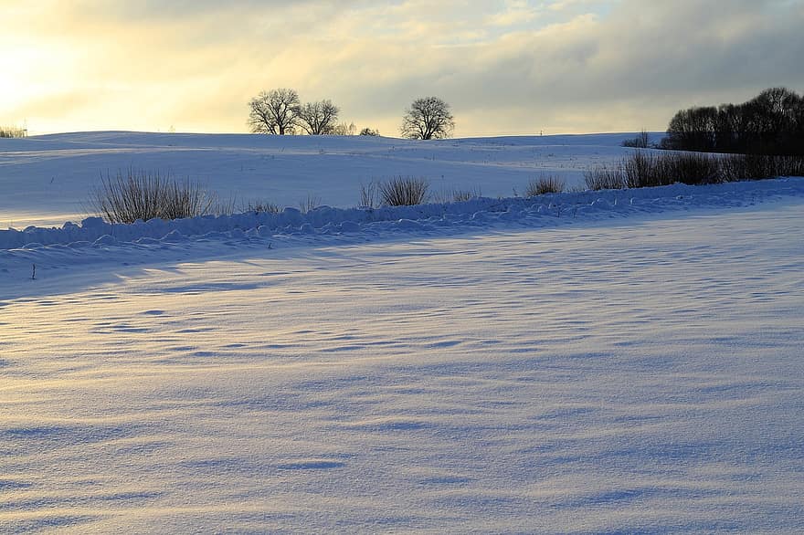 поле, снег, заход солнца, зима, холодно, снежно, пейзаж, природа, смеркаться