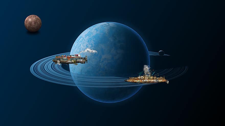 statki powietrzne, planeta, steampunk, księżyc, przestrzeń, statek kosmiczny, sci fi, futurystyczny