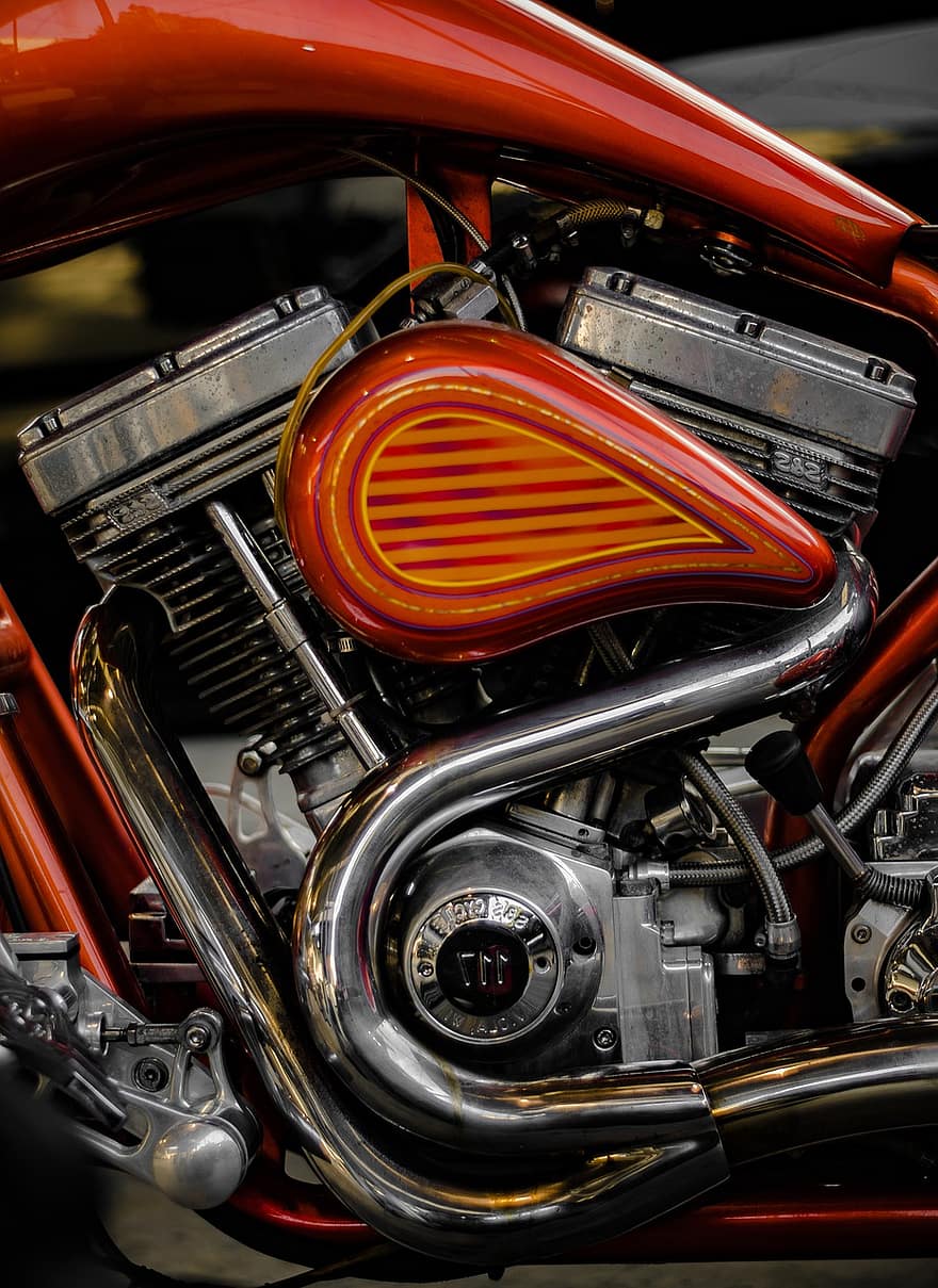 motocicleta, motor, máquina, vehículo, viejo contador de tiempo, Harley, bicicleta, cromo, brillante, metal