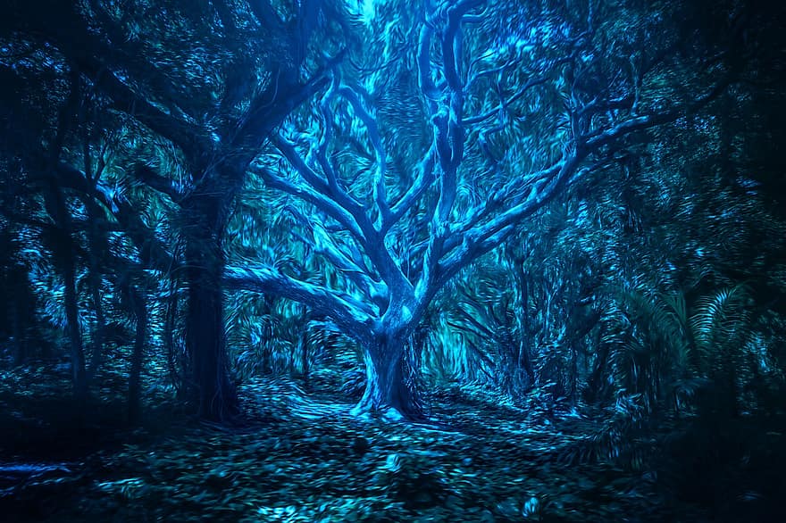 Hintergrund, Wald, Bäume, digitale Kunst, mystisch, düster, Fantasie, verwelkter Baum, leuchtenden, blautöne, Beleuchtung