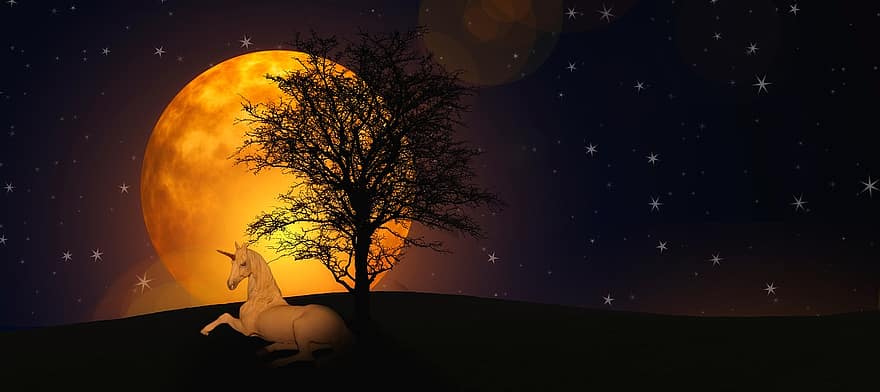 měsíc, jednorožec, bajka, mýtické bytosti, strom, kahl, atmosféra, silueta, pohádky, romantika, měsíční svit
