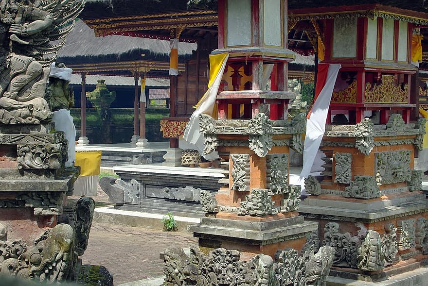Bali, Kuil, patung, pilaster, pos, renda batu, bangunan, detail, Hinduisme
