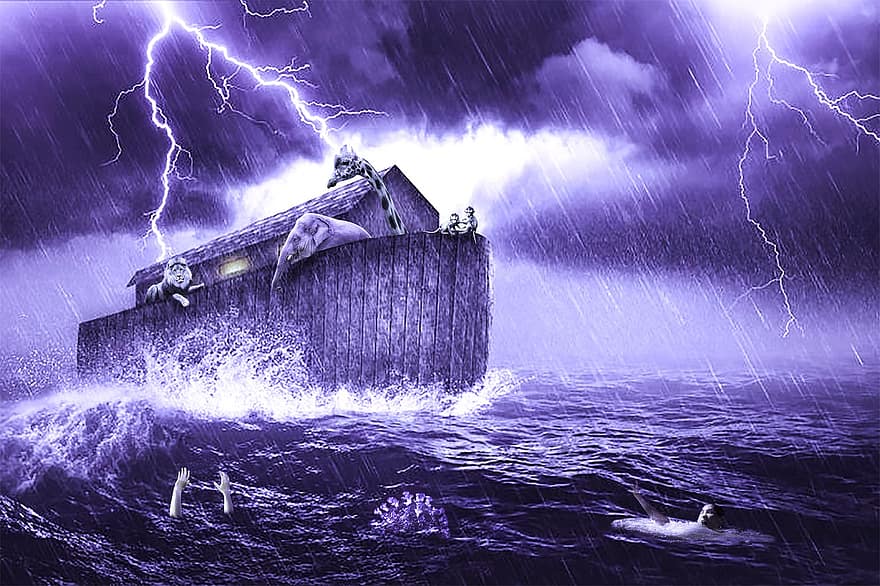 Ноев ковчег, судов, ковчег, корабль, животные, лев, сбивание, море, небо