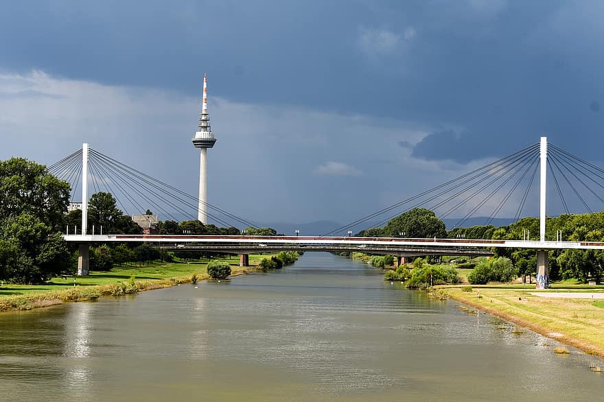 puente, río, parque, urbano, Mannheim, Alemania, arquitectura