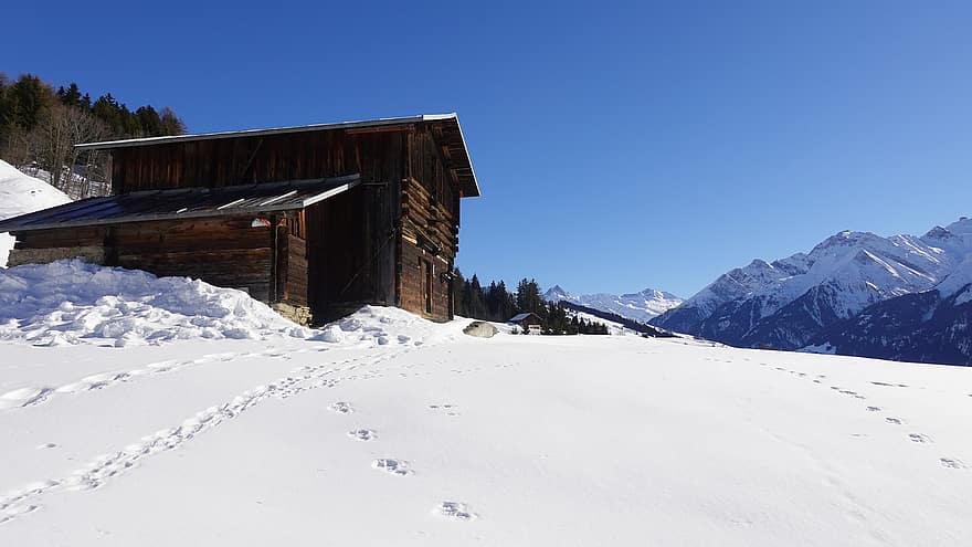 冬、雪、納屋、山岳、風景、コールド、雪が多い、山、青、スポーツ、木材