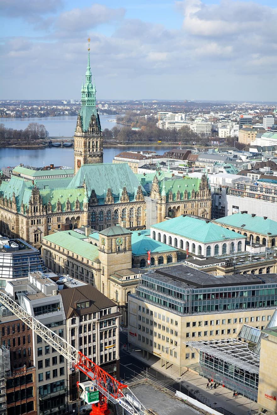 rakennus, joki, kattojen, kaupunkikuvan, Hamburg, kaupunki, arkkitehtuuri, kuuluisa paikka, rakennuksen ulkoa, kaupunkien horisonttiin, pilvenpiirtäjä