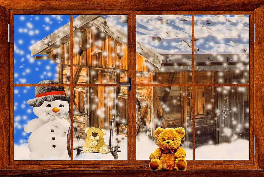 emoce, sezóna, zimní, sníh, sněhulák, skluzavka, sněhové vločky, zasněžený, okno, dřevěná okna, teddy