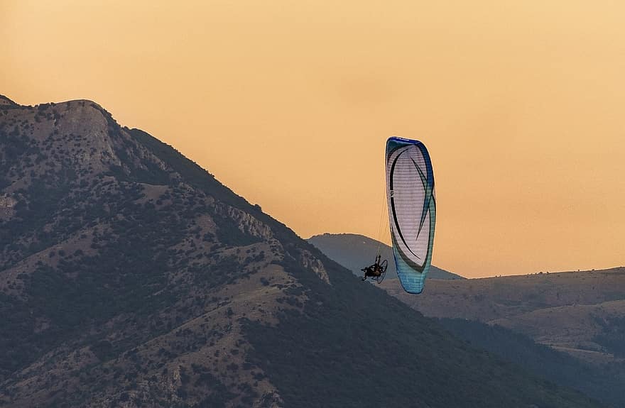parapent, muntanyes, posta de sol, esport, Activitat recreativa, paracaigudes, volant, vol, aventura, cel, vent
