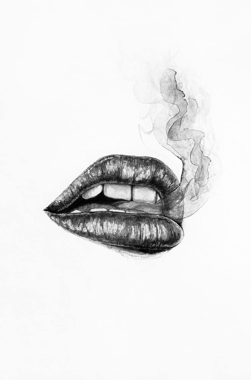 fekete és fehér, fekete, fehér, sötét, füst, gyom, nő, ajkak, száj, dohányzó, festés