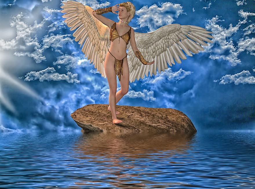 άγγελος, πτέρυγα, νερό, φαντασία, ουρανός, φτερό, φύλακας άγγελος, μυστηριώδης, θηλυκός