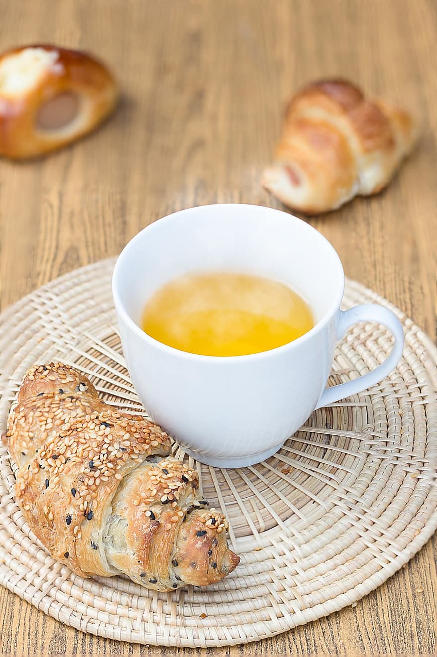 Bread, Tea, Breakfast, Snack, croissant, food, freshness, close-up, wood, table, gourmet