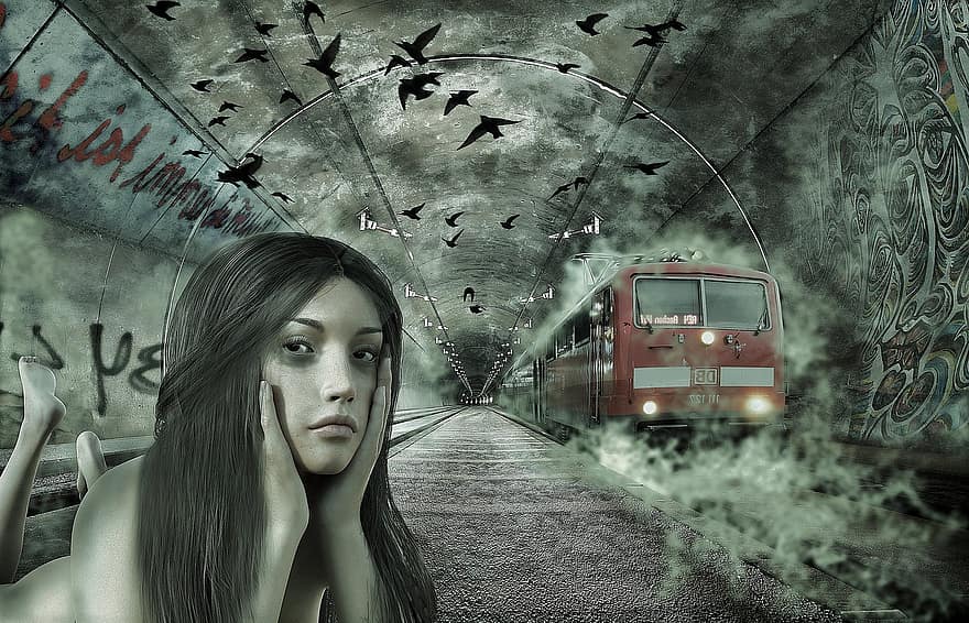 emberi, nő, alagút, vonat