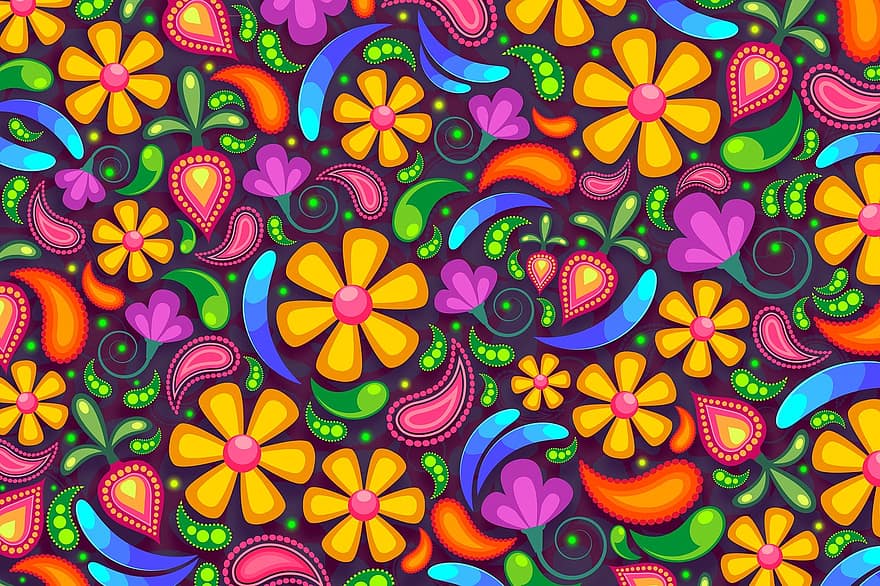 kwiatowy, Paisley, tło, kwiat, kolorowy, stylizowany