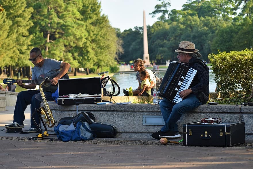 Street Musicians, Street Performers, Park, Houston, Texas, Herman Park, musician, men, musical instrument, guitar, performer