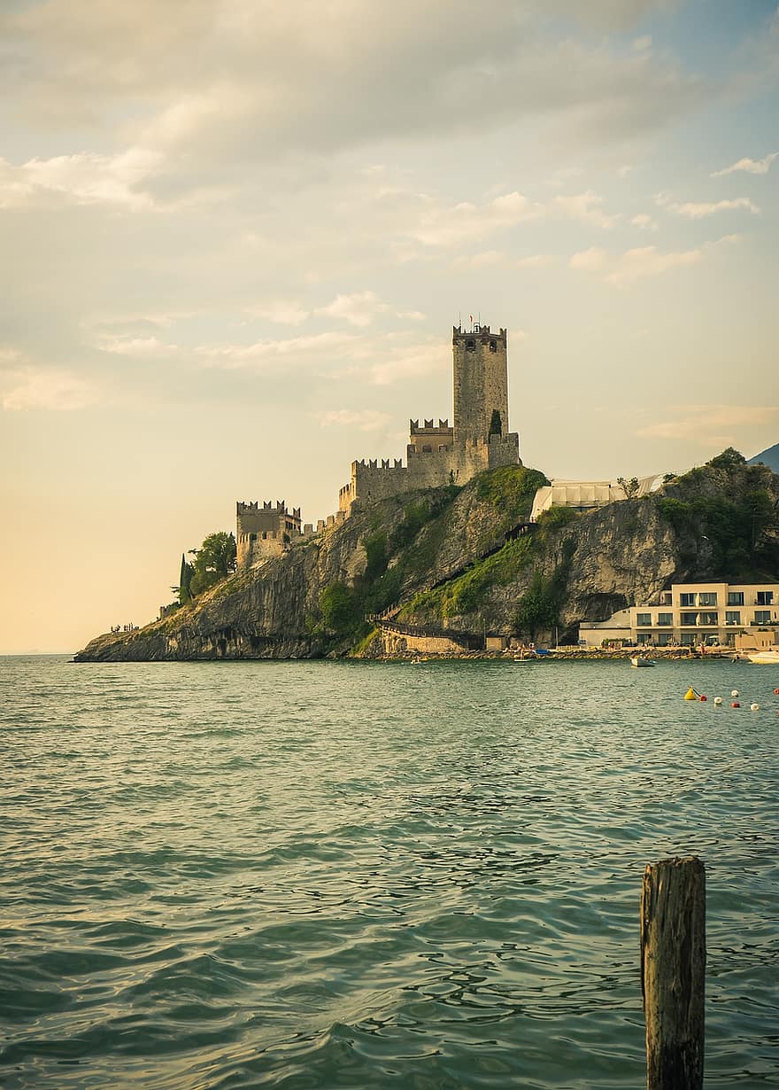 malcesine, sjö, slott, Italien, solnedgång, ö, vatten, gammal, arkitektur, känt ställe, kustlinje