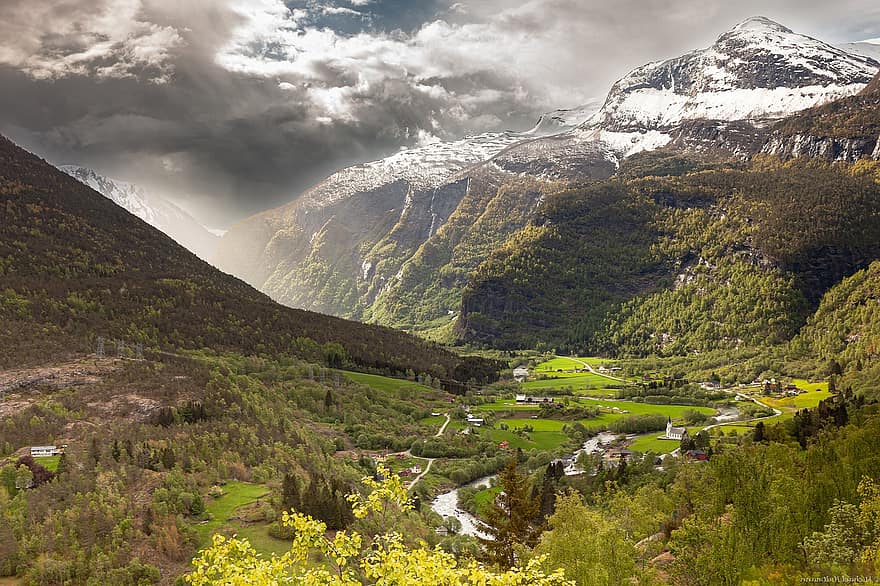 muntanyes, bosc, cel, neu, núvol, primavera, noruega