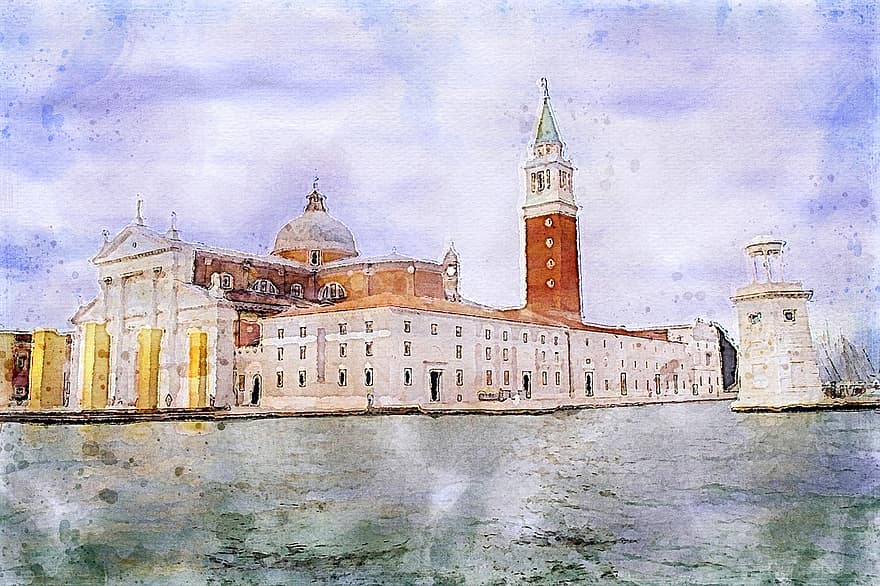 Wenecja, Plac Świętego Marka, kanał, piazza san marco, Włochy, wieża, Budynki, stare Miasto, Miasto, woda, akwarela