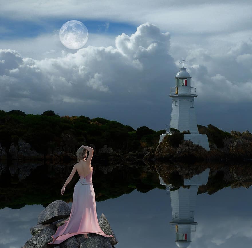 Lighthouse, Reflection, Water, Fantasy, Sky, Lake, Calm, Girl, Watch, Compose, Photomontage