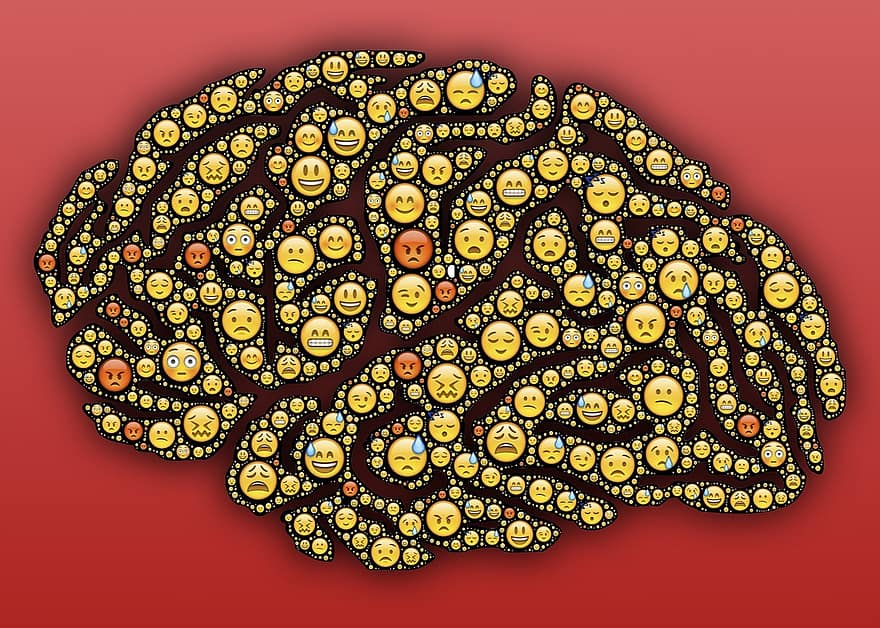 emoji, mózg, emotikony, emocje, umysł, człowiek, wyrażenie, twarze, uczucia