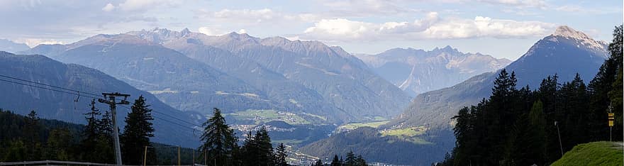 montanhas, aldeia, imst, vale, gurgltal, Tirol, Áustria, panorama, névoa, cimeira, pico