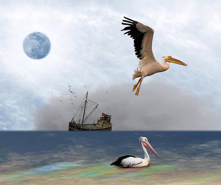 пеликани, лодка, океан, птици, морски птици, лодка за скариди, луна, мъгла, летене, природа, риболов