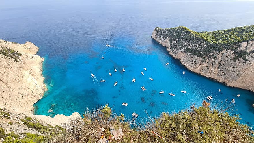 barci, mare, natură, ocean, călătorie, explorare, în aer liber, Zakynthos, Grecia, litoral, albastru