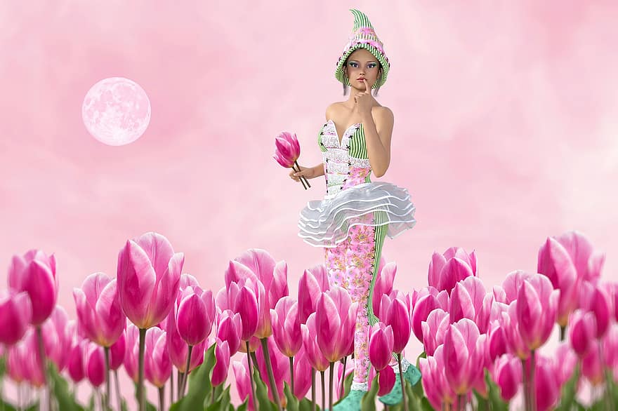 цветы, тюльпаны, розовый, фантастика, красочный, цвет, цветение, тюльпан, весна, магия, сад