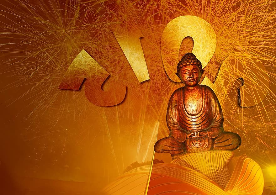 Budda, buddyzm, fajerwerki, Sylwester, nowy Rok, 2015, statua, religia, Azja, duchowy, medytacja