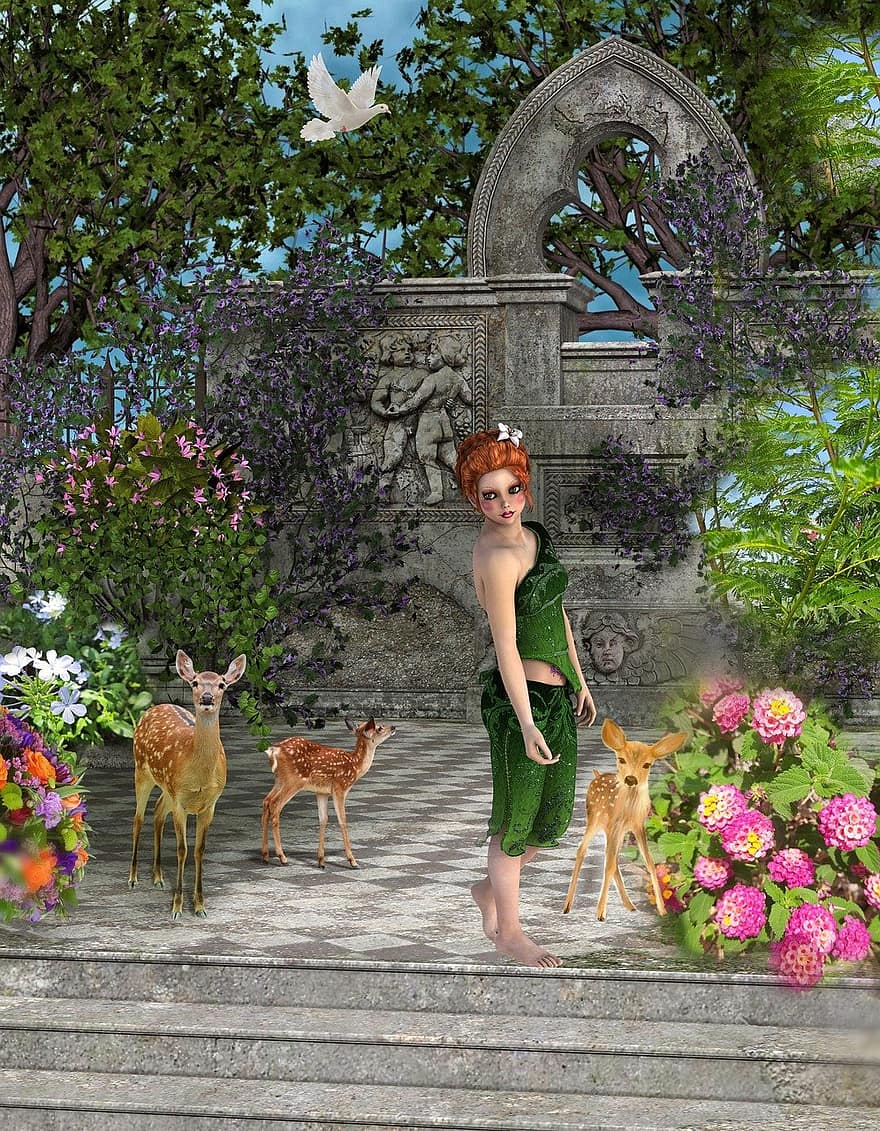 achtergrond, tuin-, bloemen, zomer, natuur, dierenliefde, fantasie, trap, mooi meisje, gazelle, reliëf
