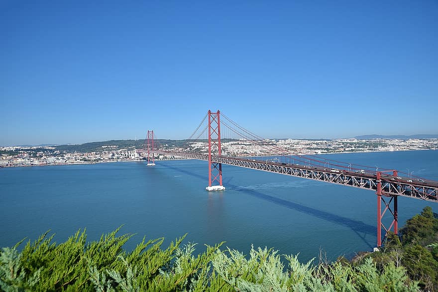 ブリッジ、川、リスボン、ポルトガル、つり橋、構造、シティ、テージョ