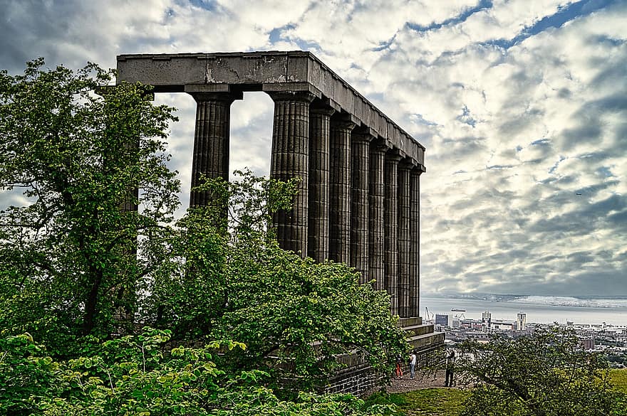 monumento, architettura, pilastri, Calton Hill, cielo, nuvole, Scozia, monumento nazionale della Scozia, luogo di interesse, storico, punto di riferimento