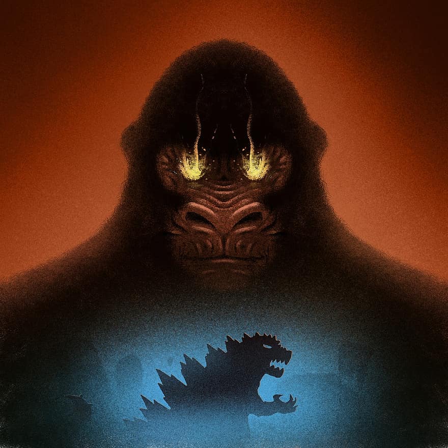 King Kong, godzilla, canavarlar, karakterler, orangutan, savaş, film, siluet, yaratıcılık, hayal gücü, fantezi