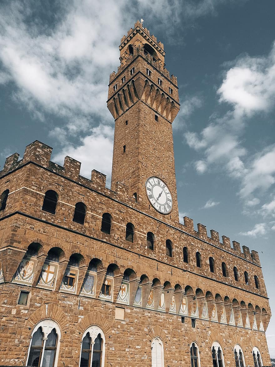 Palazzo Vecchio, Town Hall, Building, Clock, Tower, Facade, Architecture, Landmark, Old, Historic, Historical